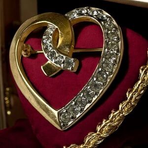 Vintage AFJ Signed Gold Crystals Heart Brooch Pin